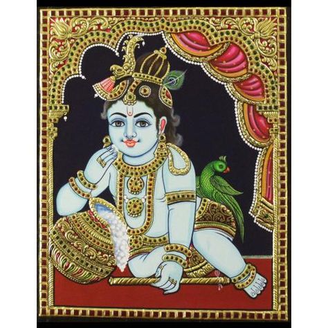 Krishna Tanjore Painting, Thanjavur Painting, God Drawing, Small Gold Necklace, Tanjore Art, Name Paintings, Tanjore Paintings, Krishna Drawing, Goddess Artwork