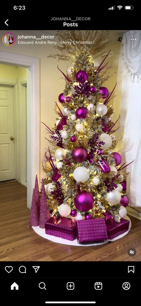 Mardi Gras Christmas Trees, Fuschia Christmas Decor, Different Color Christmas Trees, Hot Pink And Gold Christmas Tree, Magenta Christmas Decor, Christmas Tree Competition Ideas, Magenta Christmas Tree, Pink And Gold Christmas Decor, Pink Christmas Tree Ideas