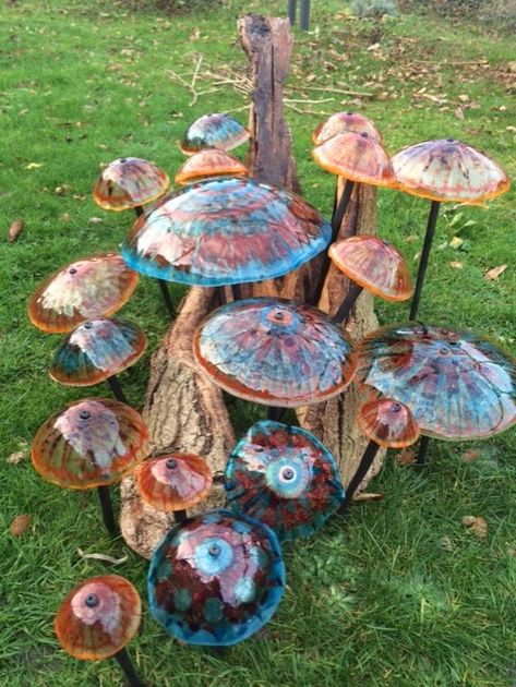 Forest Mushrooms, Front Yard Design, Better Late Than Never, Glass Mushrooms, Hand Forged Iron, Yard Design, Whimsical Garden, Gorgeous Glass, Fused Glass Art