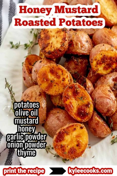 Delicious roasted baby potatoes, with a homemade honey mustard sauce, and roasted in the oven until crispy and perfect. An excellent side dish for pretty much anything! Roast Baby Potatoes, Mustard Roasted Potatoes, Side Potatoes, Mustard Potatoes, Homemade Honey Mustard Sauce, Roasted Baby Potatoes, Homemade Honey Mustard, Autumn Recipes, Honey Mustard Sauce