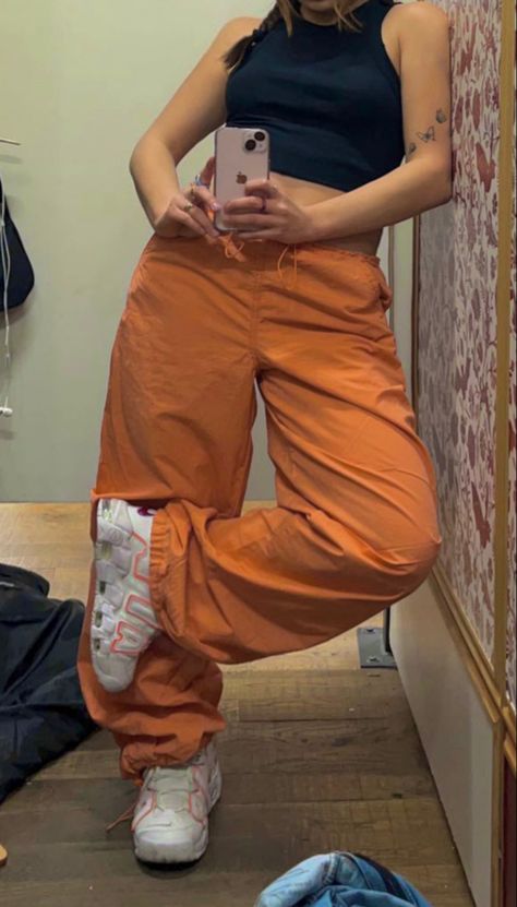 urban outfitters tech pants Orange Baggy Pants Outfit, Baggy Pants Outfit, Tech Pants, Style Upgrade, Baggy Pant, Pants Outfit, Parachute Pants, Cupboard, Harem Pants