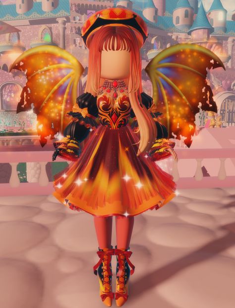 Royale High Fire Fairy Outfit, Rose Bangs, Fire Fairy Royale High, Rosé Bangs, Goddess Of Triumph, Royalhigh Outfits, Dark Fairy Outfit, Rh Avatar, Edgy Concert Outfit