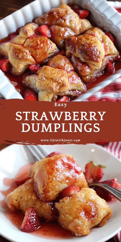 Strawberry Crescent Roll Recipes, Fruit Dumplings Easy Recipes, Strawberry Dumplings Recipes, Crescent Roll Strawberry Dessert, Strawberry Dumplings Crescent Rolls, 12 Tomatoes Strawberry Dumplings, Dumping Recipes, Pillsbury Biscuit Recipes Dessert Cherry, Recipes Using Strawberries