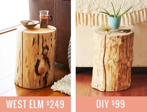 How To Make a Natural Tree Stump Side Table // JustineCelina.com Stump Nightstand, Trunk Nightstand, Expensive Home Decor, Stump Decor, Diy Trunk, Tree Stump Furniture, Nightstand Diy, Stump Side Table, Tree Trunk Table