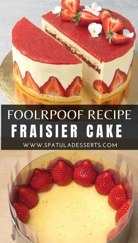 French Strawberry Dessert, French Fraisier Cake, Strawberry Mousseline Cake, Dessert Strawberry Recipes, Strawberry Fresh Cream Cake, Frasier Cake Recipe, Strawberry Frasier Cake, Strawberry Butter Cake Recipe, Best Cakes To Make