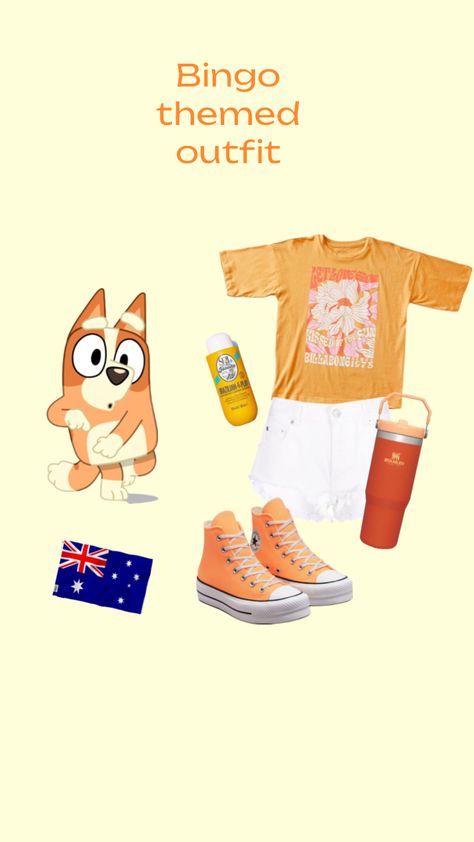 Bingo themed outfit🧡 Bluey And Bingo Halloween Costumes, Bingo Outfit Ideas, Bluey Inspired Outfit, Bingo Outfit, 27 Club, Bingo Funny, Iphone Case Stickers, Casual Preppy Outfits, Cute Halloween Costumes