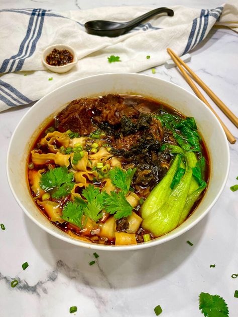 Easy & Authentic Taiwanese Braised Beef Noodle Soup – The Savory Chopstick Braised Beef Noodle Soup, Mustard Cabbage, Braising Recipes, Pickled Mustard Greens, Chinese Spices, Beef Noodle Soup, Soup Broth, Beef Chuck Roast, Noodle Soup Recipes