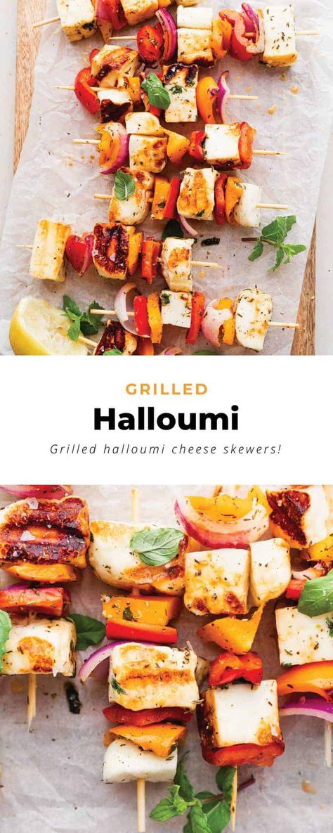 Halloumi Kebabs Skewers, Marinated Halloumi, Peaches Salad, Grilled Fruit Dessert, Grill Pineapple, Halloumi Skewers, Grilled Potato Recipes, Marinated Peppers, Grilled Fruit Recipes