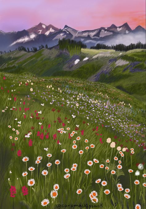 digital art:) Dirt Path Drawing, Flower Field Digital Art, Flower Field Drawing, Flower Field Illustration, Flower Field, Flower Drawing, Drawing Reference, Habitat, Anatomy