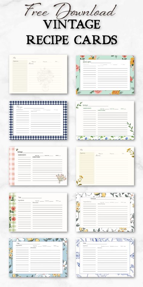 Printable Recipe Cards {10 Free + Beautiful Varieties} Recipe Book Printables, Vintage Recipe Cards, Homemade Recipe Books, Recipe Cards Printable Free, Recipe Book Design, Recipe Book Diy, Family Recipe Book, Recipe Book Templates, Recipe Cards Template