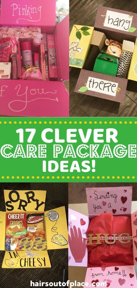 21 Care Package for College Students - Hairs Out of Place Just Because Friend Gifts, Valentines Day College Care Package, Surprise Package Ideas, Snackbox Gift Ideas, Mail Gift Ideas, Diy Care Package Ideas, Cute Gift Box Ideas, Self Care Package Gift Ideas, Gift Package Ideas