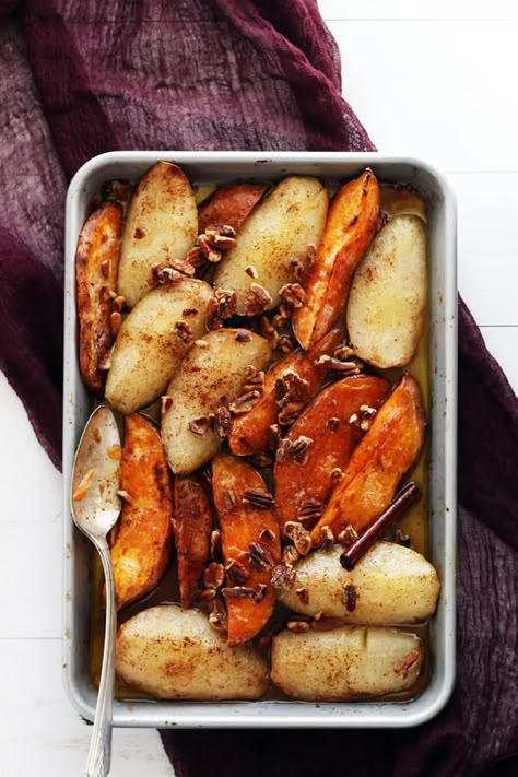 Simple. Rustic. Amazing. The combination of spiced pears and roasted sweet potatoes is a seasonal dessert everyone will rave about. #spicedpears #roastedsweetpotatoes Spiced Pears, Caramelized Pear, Shades Of Burgundy Hair, Roasted Pears, Sweet Potato Sides, Burgundy Hair Color, Infused Waters, Rustic Dessert, Roasted Pear