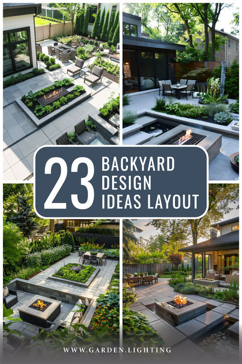 A modern backyard with a sleek, minimalist design, featuring a central fire pit, comfortable seating areas, and lush green plants integrated into the layout. Garden Design No Lawn, Austin Backyard Landscaping, Back Landscaping Ideas, Large Back Garden Design, Big Yard Ideas Backyards, Big Yards Ideas, Backyard Landscaping Designs For Entertaining, Contemporary Landscape Design Backyard, Designing Backyard Layout