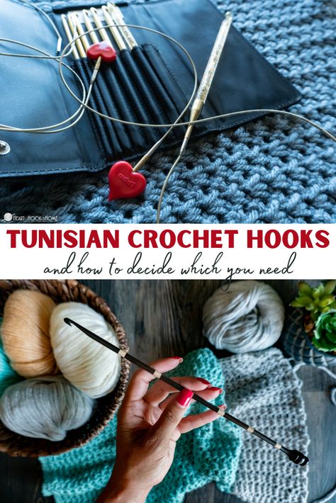 Ready to try your hand at Tunisian crochet? Learn the different types of Tunisian hooks: cabled, stick, and double ended, and how to choose. Long Crochet Needle, Tunisian Cable Crochet, Tunisian Crochet Cables, Tunisian Knitting, Double Ended Crochet Hooks, Embroidery Types, Tunisian Stitches, Cotton Crochet Patterns, Tunisian Hooks