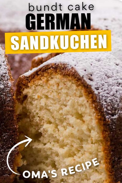 This classy German Bundt Cake ('Sandkuchen') is light and fluffy and delicious. It's an easy to make recipe with just 9 ingredients - all of which you probably already have in your pantry and fridge!  #bundtcake #sandkuchen #Germanrecipes #baking ♡ cheerfulcook.com German Pound Cake Recipe, German Sauerbraten Recipe, Easy Bundt Cake Recipes, Easy Bundt Cake, Decadent Chocolate Desserts, Bundt Cake Pan, Banana Dessert, Sweet Treats Recipes, Bundt Cakes Recipes