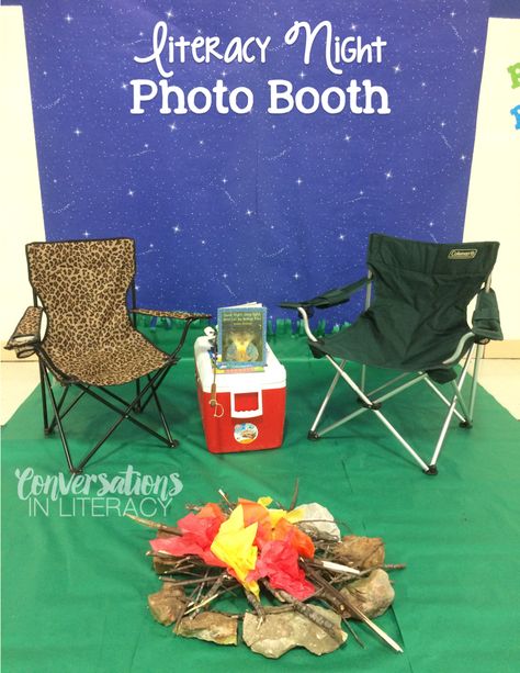 Family Literacy Night Camping Theme photo booth Happy Camper Book Fair, Literacy Night Activities, Couple Tumblr, Family Literacy Night, Camp Read, Camping Classroom, Night Camping, Math Night, Camping Books