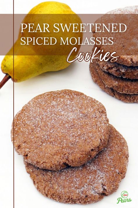 If you're searching for tasty, easy desserts, you must try these pear sweetened spiced molasses cookies. These delightful spiced cookies are reminiscent of a classic soft molasses cookie, but are made with less than half of the sugar in a typical recipe. Pear puree stands in for much of the sugar, adding a wonderfully unique pear flavor to the cookies. Be sure to try these fall desserts by saving this pin for later! Pear Puree Recipes, Pear Cookies, Pear Dessert Recipes, Molasses Cookie, Spiced Cookies, Pear Sauce, Autumn Recipes Vegetarian, 2 Cookies, Molasses Cookies Recipe