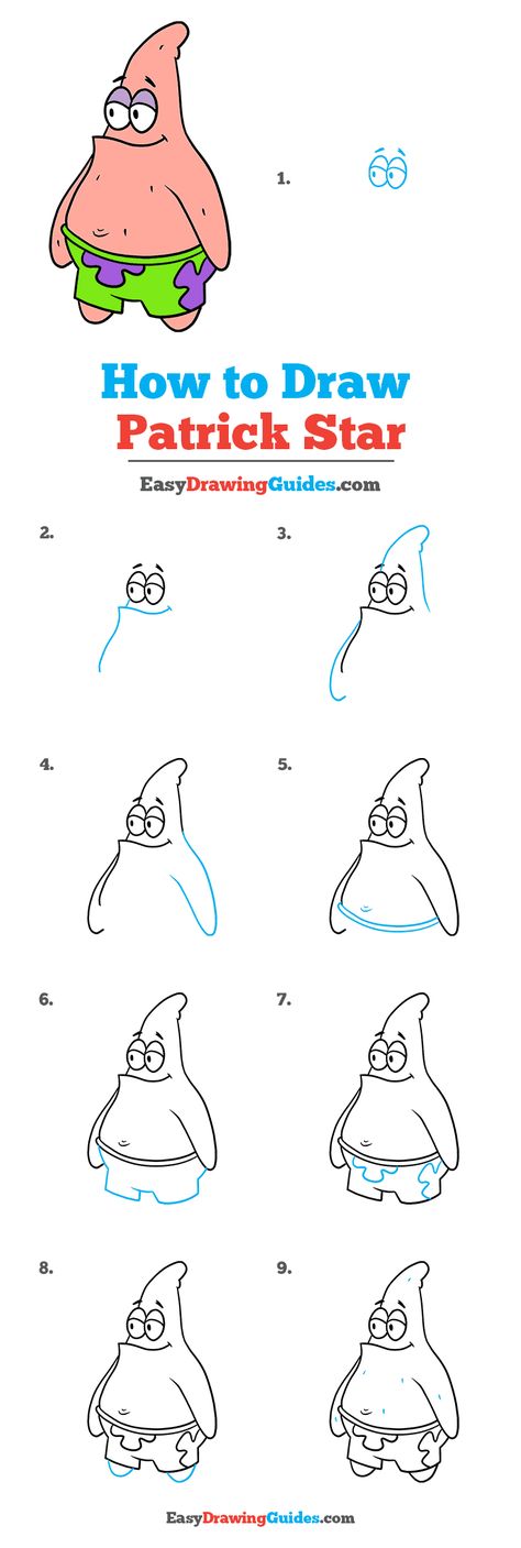 How to Draw Patrick Star from Spongebob Squarepants Step by Step Tutorial Image Spongebob And Patrick Drawing Easy, How To Draw Patrick Star Step By Step, Patrick Star Drawing Easy, Spongebob Drawings Step By Step, Spongebob Sketches Easy, How To Draw Patrick Star, How To Draw Spongebob Characters, Spongebob Drawings Easy Step By Step, How To Draw Spongebob Step By Step