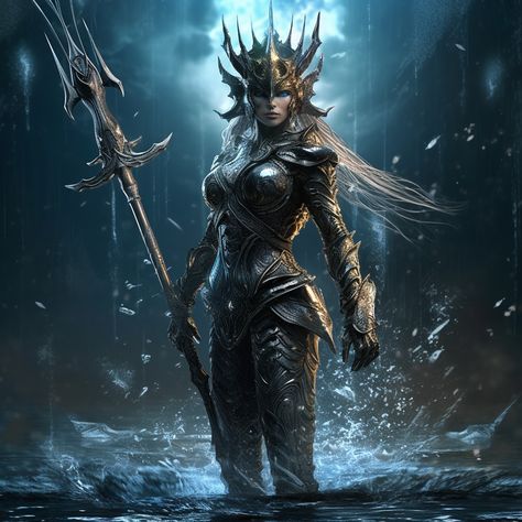 A beautiful white haired warrior queen standing in a watery background. Water Warrior Female, Water Queen Art, Trident Aesthetic, Siren Warrior, Dnd Goliath, Minecraft Lore, Mermaid Warrior, Beautiful Siren, Water Warrior