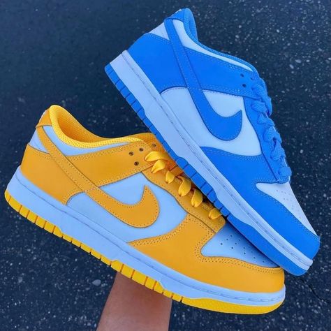 Colorful Dunks, Nike Dunks Outfit Woman Street Styles, Yellow Dunks, Dunks Panda, Nike Dunks Outfit, Nike Azul, Dunks Shoes, Nike Dunks Low, Nike Shoes Blue