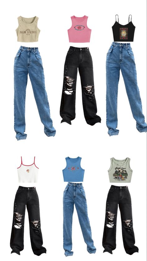 Styling different graphic crop tanks with blue and black jeans Crop Top With High Waisted Jeans, Faded Blue Jeans Outfit, Blue Crop Top Outfit, Jeans And Crop Top Outfit, Blue Top Outfit, Dress Code Outfits, Crop Tanks, Folding Jeans, Black Boyfriend Jeans