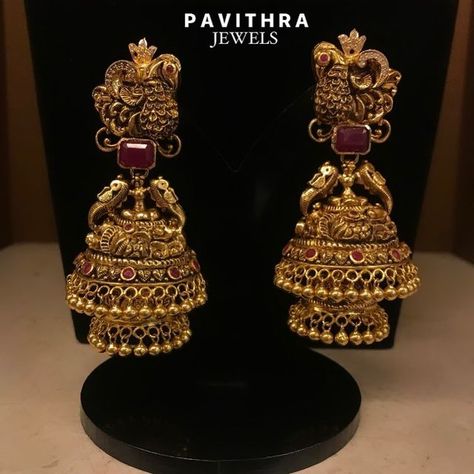 PAVITHRA JEWELS on Instagram: "Pure Gold Antique Jhumki studded with Ruby’s Collection from the House of PAVITHRA JEWELS (Basaveshwarnagar, BANGALORE, INDIA). 916 Hallmark Jewellery. For Bookings, Call or WhatsApp - 9845540125. We ship all over India and Worldwide. We are open from 10AM - 8:30PM. Address - PAVITHRA JEWELS - NO.F-38, SHOP NO.6 & 7, GIRIYAPPA COMPLEX, 80 FEET ROAD, K.H.B COLONY, 1ST STAGE, BASAVESHWARANAGAR, BANGALORE - 560079, KARNATAKA. INDIA. www.pavithrajewels.com Ruby Earing Design Gold, Antique Gold Earrings Designs For Wedding, Golden Jhumkas Indian Designers, Designer Gold Jewellery, Jhumki Designs Gold Indian Bridal, Gold Bridal Earrings Indian, Jhumki Designs Gold Antiques, Gold Jhumki Indian Jewelry, Jumkas Antiques