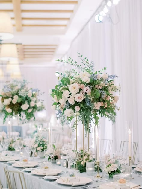 Tall Table Flower Arrangements, Tall Pastel Centerpiece, Romantic Floral Table Arrangements, Large Wedding Centerpieces, Elevated Floral Centerpieces, Tall Centerpieces Wedding, High Centerpieces, Tall Arrangements, Round Wedding Tables