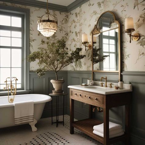 Traditional Bathroom Design Blending Old and New • 333+ Art Images Old English Bathroom Ideas, Bathroom Inspirations Farmhouse, Vintage Styled Bathroom, Traditional Interior Design Bathroom, Bathroom With Dark Trim, Small Statement Bathroom, Old House Inspiration, Old World Interior Design Modern, Old English Bathroom