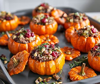 Roasted Mini Pumpkins Stuffed Mini Pumpkins, Roasted Pumpkin Recipes, Thanksgiving Menu Recipes, Shredded Brussels Sprouts, Toronto Food, Sugar Pumpkin, Cooking For A Crowd, Fair Play, Wild Rice