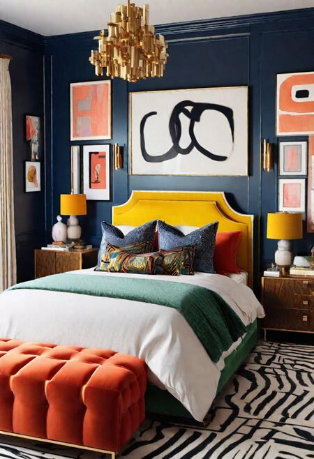 Royal Blue Bedroom Walls, Blue Maximalist Bedroom, Dark Bedroom Colors, Navy And Teal Bedroom, Rooms With Dark Walls, Colorful Bedroom Ideas For Adults, Room With Dark Walls, White Walls Bedroom, Teal Blue Bedroom