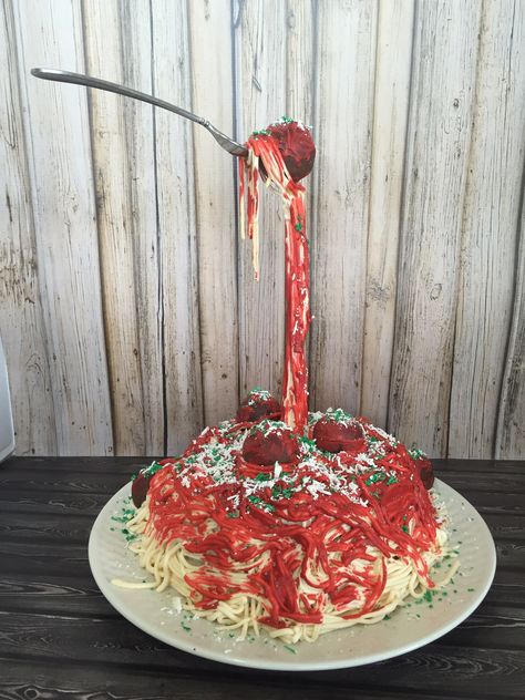 Birthday Cakes - Spaghetti cake for my husband! My first gravity defying cake. Can't wait to experiment with more complex structures! Spaghetti Cake, Spaghetti Party, Whimsical Cakes, Marriage Anniversary Cake, Anti Gravity Cake, Gravity Defying Cake, Gravity Cake, Cake Hacks, Cake Photos