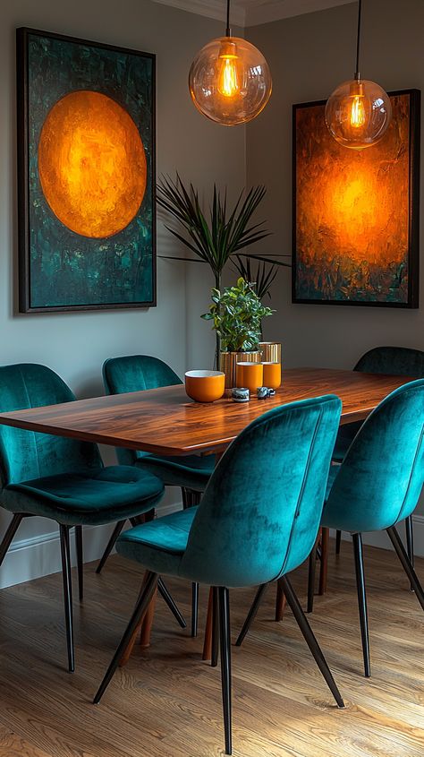 "Mid-Century Modern Dining Room Ideas with Teal & Walnut Accents" Flamboyant Interior Design, Dark Teal Dining Room, Tropical Apartment Decor, Teal Dining Table, Mid Century Dining Room Lighting, Teal Couch Living Room, Teal Dining Room, Teal Kitchens, Retro Chic Decor