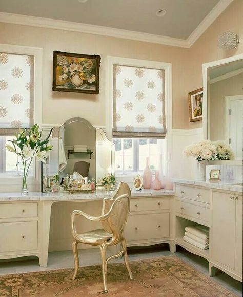 . Jeff Andrews Design, Vanity Height, Hair Station, Beautiful Vanity, Vanity Tables, White Shutters, Carved Mirror, Table Counter, Bathroom Retreat