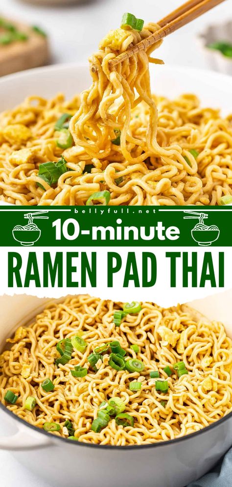 Ramen Pad Thai features inexpensive ramen noodles coated in a simple but flavor-packed creamy peanut sauce that’s a little sweet and salty, with a bit of heat. This super easy cheater Pad Thai recipe is a weeknight dinner lifesaver – ready in just 10 minutes! Easy Thai Ramen Noodle Recipes, Easy Ramen Dishes, Real Ramen Noodle Recipes, Pad Thai With Ramen Noodles, Noodles Pad Thai Recipe, Spaghetti Ramen Noodle Recipes, Inexpensive Weeknight Meals, Easy Ramen Dinner Recipes, Ramen Noodle Sauces