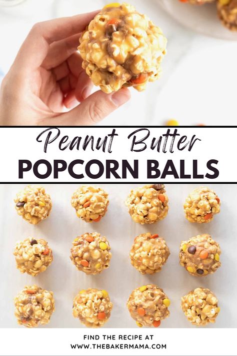 Try this peanut butter popcorn balls recipe. These Loaded Peanut Butter Popcorn Balls are full of popcorn, chocolate and peanut butter candies, and peanuts. Kids love popcorn balls, but adults too! This simple and easy to make dessert is a family favorite. Peanut Butter Popcorn Balls, Popcorn Ball Recipe, Popcorn Butter, Popcorn Ball, Popcorn Chocolate, Popcorn Balls Recipe, Popcorn Recipes Easy, Peanut Butter Popcorn, Bake Sweets