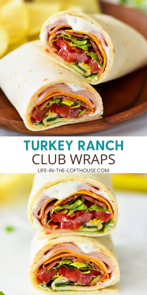 Turkey Ranch Club Wraps make for a quick and easy lunch or dinner! Cold Snack Ideas For Adults, Turkey Bacon Club Wrap, Wraps Recipes Lunch Ideas, Lunch For Hungry Men, Best Turkey Wraps For Lunch, Make Ahead Lunch Sandwiches, Firehouse Lunch Ideas, Sandwich Wraps Recipes Lunch Ideas, Rotisserie Chicken Wrap Recipes