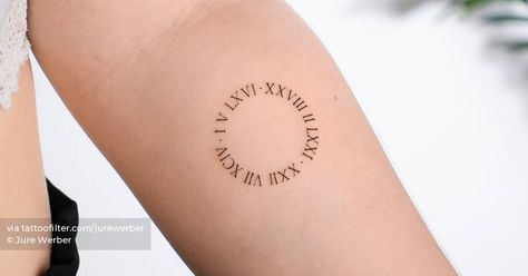 Birth Years In A Circle Tattoo, Roman Dates Tattoo, Circle Dates Tattoo, Roman Numeral Tattoo With Heart, Birthdate Tattoo, Roman Tattoo, Roman Numerals Dates, Roman Numeral Tattoos, Date Tattoos