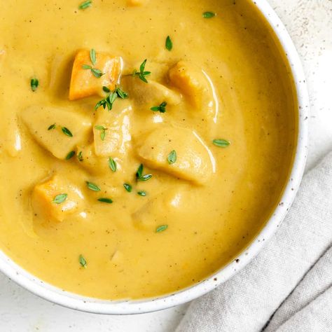 Roasted Delicata Squash and Sweet Potato Soup Delicata Squash Soup, Squash Soup Vegan, Squash And Sweet Potato Soup, Roasted Squash Soup, Plant Based On A Budget, Winter Squash Soup, Roasted Delicata Squash, Coconut Bacon, Squash Soup Recipe