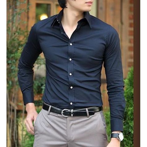 Navy Blue Shirt Outfit, Blue Shirt Outfit Men, Blue Shirt Outfit, Animated Couple, Mens Pants Fashion Casual, Navy Blue Dress Shirt, Dapper Mens Fashion, Stylish Shirts Men, Mens Smart Casual Outfits