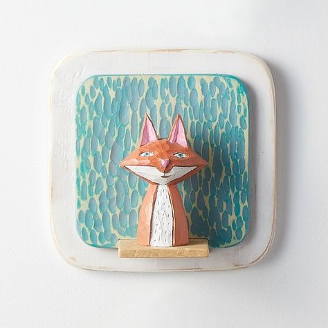 Fox on Square Mini by Amy Arnold and Kelsey Sauber Olds (Wood Wall Sculpture) Paint Animals, Shrines Art, Pottery Inspo, Wood Wall Sculpture, Rustic Texture, Cement Crafts, Clay Inspiration, Clay Wall, Plaster Art