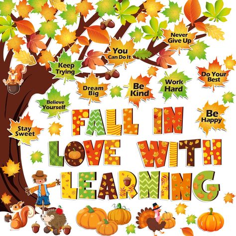 PRICES MAY VARY. fall bulletin board decorations set: imagine your classroom decorated with these beautiful fall classroom decorations that are full of energy and excitement, and children enjoying a happy learning time inside the classroom! how wonderful it is! our 139 pcs fall bulletin board decorations set includes colorful maple leaves, oak leaves, acorns, pumpkins, a squirrel, turkey, scarecrow, hedgehog and “fall in love with learning” text design, adding happy and positive learning atmosph