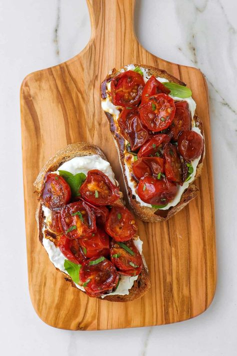 Air Fryer Cherry Tomatoes, Air Fryer Bruschetta, Fancy Toast, Cherry Tomato Recipes, Fried Tomatoes, Tomato Bread, Cooking Tomatoes, Cashew Cheese, Plant Based Cookbook