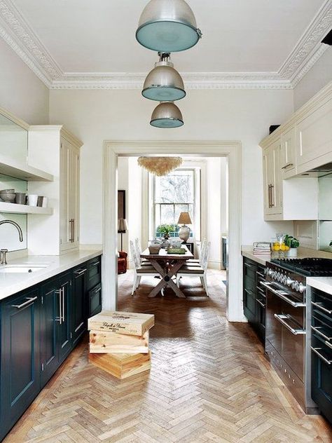 galley with awesome floor White Galley Kitchens, Herringbone Wooden Floors, Galley Kitchen Renovation, Herringbone Wood Floor, Herringbone Wood, Galley Kitchens, Eclectic Kitchen, Holland Park, Herringbone Floor