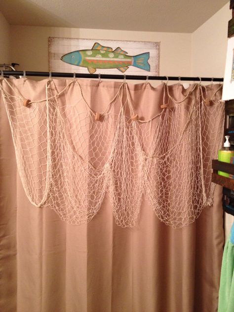 Fish net added to front of shower curtain and fish poster to complete the boys fishing bathroom. Fishing Themed Bathroom, Fishing Bathroom, Fishing Bathroom Decor, Room Ideas For Boys, Fish Bathroom, Mermaid Bathroom Decor, Fish Nets, Fish Poster