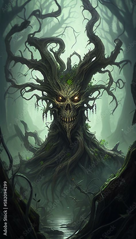 Scary Tree Illustration, Creepy Jungle, Evil Tree, Scary Tree, Tree Monster, Haunted Tree, Advertisement Background, Dnd Campaign, Tree Background