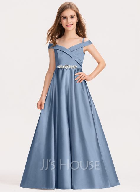 Ball-Gown/Princess Off-the-Shoulder Floor-Length Satin Junior Bridesmaid Dress (009191740) - JJ's House Teenage Bridesmaid Dresses, Bridesmaid Satin Dresses, Long Satin Dress, Bridesmaid Satin, Pink Flower Girl Dresses, Gown Princess, Ball Gowns Princess, Junior Bridesmaid Dress, Dresses Ball Gown