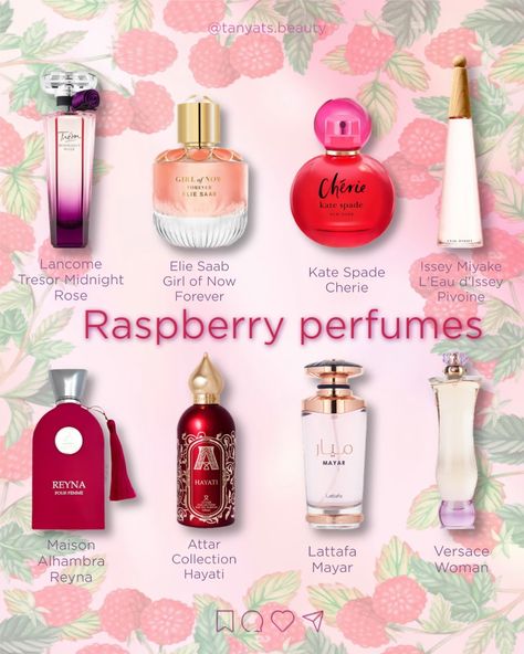 Tart, juicy raspberries — summer in a bottle! 💓 I’m obsessed with berry notes in perfumes, and here are some recommendations for those who love raspberries: ▫️ Lancome Tresor Midnight Rose — one of my favourite designer perfumes ever. A beautiful jammy rose and raspberry. So feminine! ▫️ Elie Saab Girl of Now Forever — my favourite perfume from this brand. Unlike the original perfume with a sweet pistachio note, this flanker has lots of sugared almonds, tart and sweet raspberry, plus som... Girl Of Now, Tresor Midnight Rose, Raspberry Fragrance, Berry Perfume, Raspberry Perfume, Summer In A Bottle, Minimalist Skincare, Embrace Natural Beauty, Midnight Rose