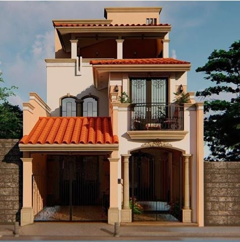 Oaxaca House Design, Casas En Mexico Ideas Fachadas, Small Mexican House, Mexican House Exterior, Mexican Style House, Mexican Style Homes, Narrow House Designs, Houses In Mexico, Hacienda Style Homes