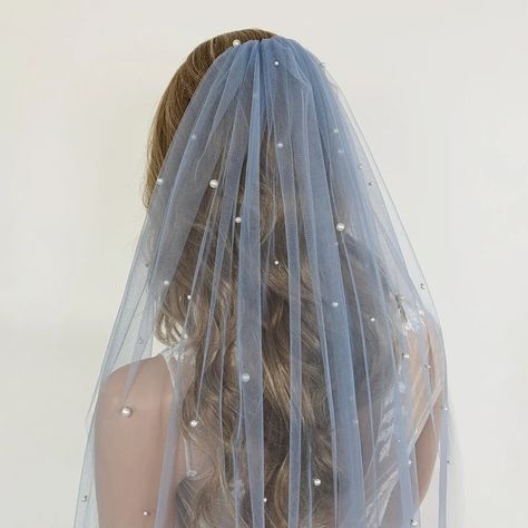 Dusty Blue Pearl Wedding Veil Greyish Blue Soft Tulle With - Etsy Australia Something Blue Wedding Dress, Beach Veil, Blue Veil Wedding, Blue Wedding Veil, Pearl Vale Wedding, Light Blue Wedding Veil, Blue Veil Aesthetic, Veil With Blue Flowers, Blue Floral Wedding Veil