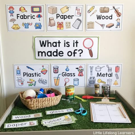 Investigation table for exploring materials and their properties |Exploring materials and their properties | Foundation science unit | Prep, Kindergarten, Year 1 Unit of Work | Hands-on learning ideas and printables for the classroom | Objects can be made of different materials | Materials have different properties | Investigation Table, Science Corner, Science Center Preschool, Year 1 Classroom, Pre-k Science, Science Area, Recycling Activities, Continuous Provision, Kid Science